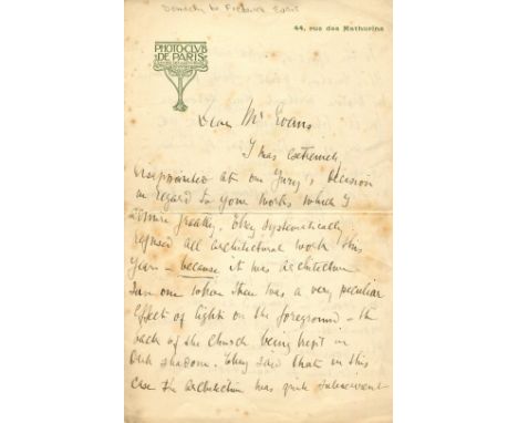 DEMACHY ROBERT: (1859-1936) French Photographer. A.L.S., Robert Demachy, three pages, 8vo, Paris, n.d., to [Frederick H.] Eva