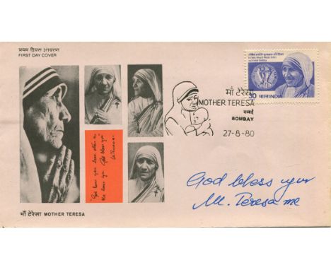 TERESA MOTHER: (1910-1997) Albanian Roman Catholic Nun, Nobel Peace Prize winner, 1979. Signed First Day Cover by Mother Tere