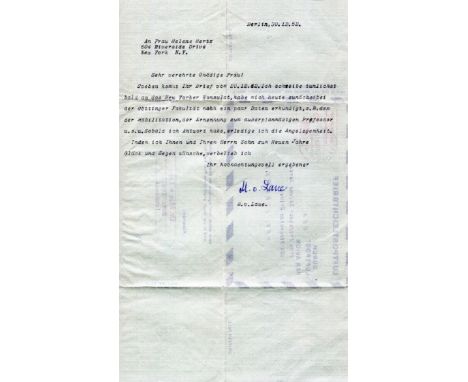 LAUE MAX VON: (1879-1960) German Physicist, Nobel Prize winner for Physics, 1914. T.L.S., M. v. Laue, one page, 4to (folding 