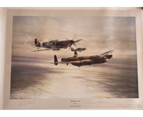 MEMORIAL FLIGHT: A colour 27 x 20.5 print by the artist Robert Taylor entitled Memorial Flight, the image depicting a Spitfir