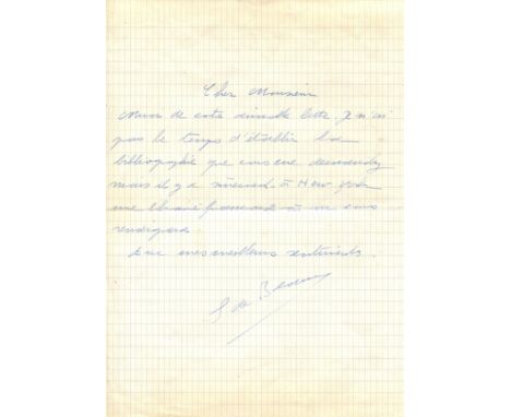 BEAUVOIR SIMONE DE: (1908-1986) French Writer &amp; Intellectual. A.L.S., S de Beauvoir, one page, 4to, grid paper, Paris, 23