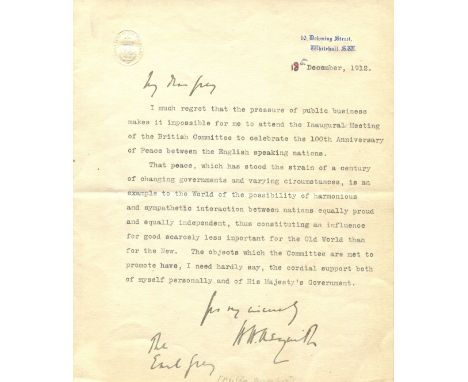 ASQUITH H. H.: (1852-1928) British Prime Minister 1908-16. A good T.L.S., H. H. Asquith, with holograph salutation and subscr