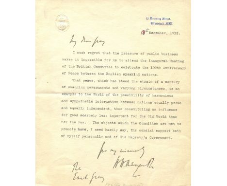 ASQUITH H. H.: (1852-1928) British Prime Minister 1908-16. A good T.L.S., H. H. Asquith, with holograph salutation and subscr