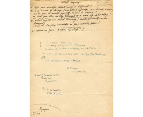 SYNGE RICHARD L.M.: (1914-1994) British Biochemist, Nobel Prize winner for Chemistry, 1952. Manuscript D.S., R L M Synge, one