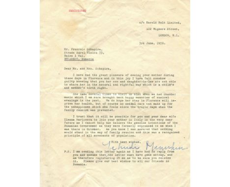 MENUHIN YEHUDI: (1916-1999) American-born British Violinist. T.L.S., Yehudi Menuhin, one page, 4to, London, 3rd June 1959, to