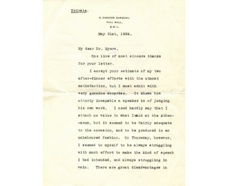 BALFOUR ARTHUR JAMES: (1848-1930) British Prime Minister 1902-05. T.L.S., Balfour, two pages, 8vo, Carlton Gardens, Pall Mall