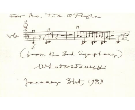 LUTOSLAWSKI WITOLD: (1913-1994) Polish composer and conductor. An attractive A.M.Q.S., W Lutoslawski, one page, oblong 8vo, n