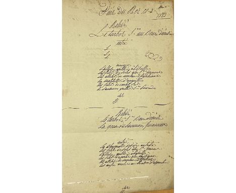 [LOUIS XVIII] - DINNER: (1755-1824) King of France 1814-15 &amp; 1815-24. A curious manuscript document, being the King´s lun