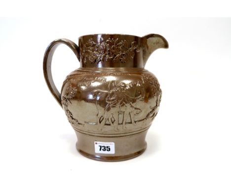 A Saltglazed Stoneware Pottery Harvest Jug, applied with a hunting scene within a floral border, impressed T. Howerd, Sheffie