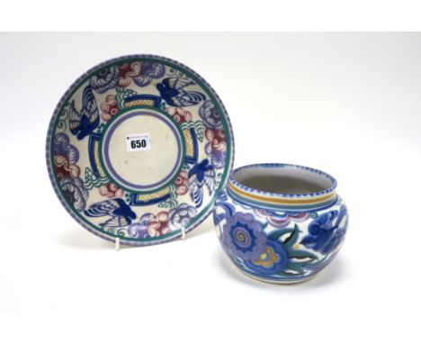 A Carter, Stabler and Adams Poole Pottery Red Earthenware Vase, of ovoid form, painted in the 'Blue Bird' pattern amongst flo