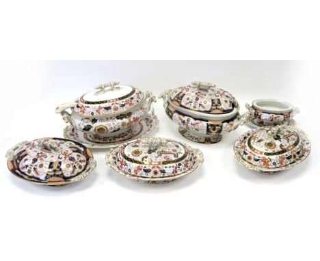 A Pair of Late XIX Century Ashworth Bros Oval Two-Handled Vegetable Tureen and Cover, decorated in the Imari palette with scr