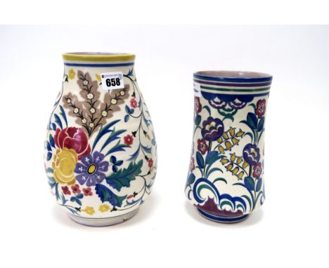 A Carter, Stabler and Adams Poole Pottery Red Earthenware Vase, of baluster form, painted with pink, yellow and mauve flowers