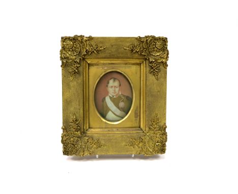 A Mid XIX Century Miniature Painted on Ivory, depicting Napoleon in military uniform with epaulettes, sash and star, in an or