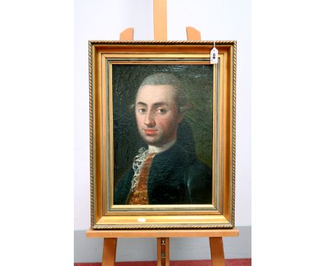 BRITISH SCHOOL (XVIII Century) Portrait of a Gentleman, in a blue velvet, gold and brown patterned waistcoat, oil on canvas, 
