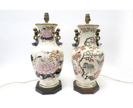 A Mason's Ironstone Pottery Table Lamp, decorated in the 'Oriental Waterlily' pattern, the octagonal body with dolphin handle