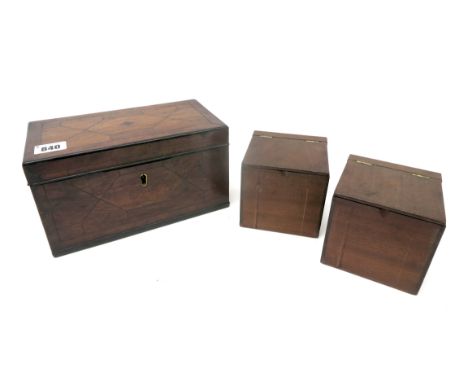 A XIX Century Mahogany Tea Caddy, of rectangular section, crossbanded top with geometric detailing that echoes on each side, 