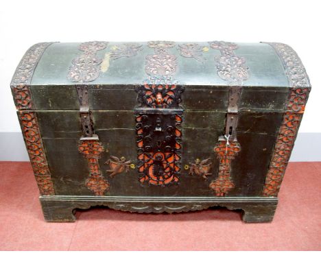 A XIX Century Continental Painted Trunk, the domed top with pierced strapwork, the sides with applied painted crowns, carryin