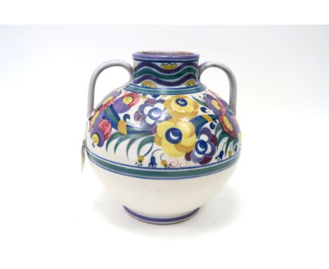 A Carter, Stabler and Adams Red Earthenware Poole Pottery Vase, of two handled globular form, painted by Vera Bridle (1923-33