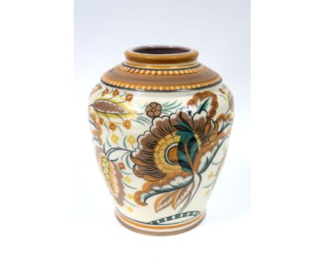 A Carter, Stabler and Adams Red Earthenware Poole Pottery Vase, of baluster form, painted by Ann Hatchard (1918-36) with styl
