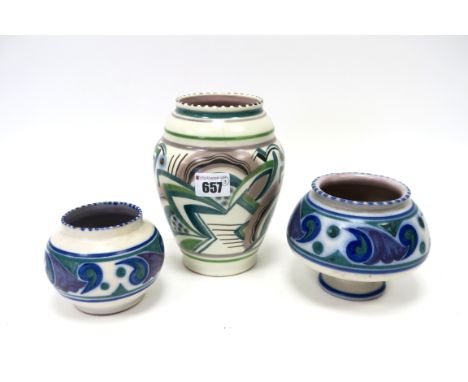 A Carter, Stabler and Adams Poole Pottery Red Earthenware Vase, of globular form, painted in the blue, purple and green Paisl