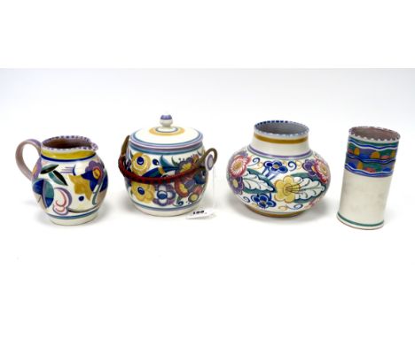 A Carter, Stabler and Adams Poole Pottery Red Earthenware Biscuit Barrel and Cover, with wicker handle, painted with flowers 