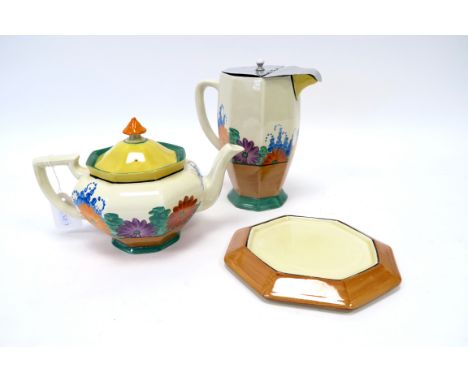 A Newport Pottery Clarice Cliff Bizarre Octagonal Teapot, Cover and Stand, painted in the 'Gay Day' pattern, printed marks, 1