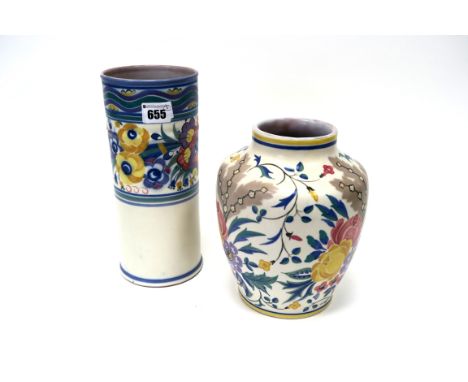 A Carter, Stabler and Adams Poole Pottery Red Earthenware Vase, of ovoid form, painted with pink, yellow and mauve flowers by