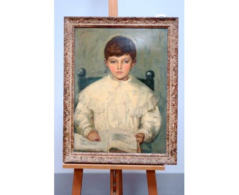 ENGLISH SCHOOL (Early XX Century) Portrait of a Boy, in a frilled white shirt, reading a book, oil on panel, 59.5 x 44cm.