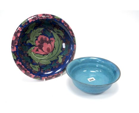 A Carter, Stabler and Adams Poole Pottery Red Earthenware Chinese Blue Bowl, of circular form, impressed marks, 22.5cm diamet