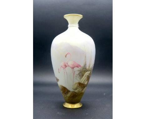 A Royal Worcester Porcelain Vase, of ovoid form, painted by Walter Powell, signed, with two pink flamingos in a mountainous, 