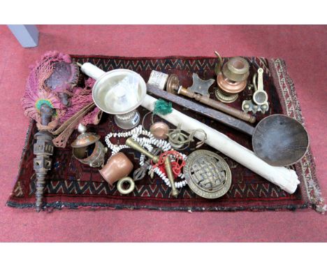 An Interesting Collection of Early to Mid XX Century Tibetan Items, to include a prayer wheel, a white metal candlestick, a b