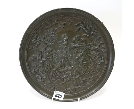 A Late XIX Century Spelter Plaque, of circular form, cast in low relief with a classical scene of Minerva, 26.5cm diameter.