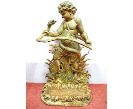 A Late XIX Century Cast Iron Stick Stand, in the form of a cherub entwined with a snake, naturalistic foliate drip pan, 77cm 