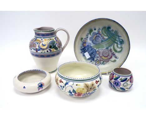 A Carter, Stabler and Adams Poole Pottery Red Earthenware Jug, painted with a floral border by Eileen Prangnell (1924-37), pa