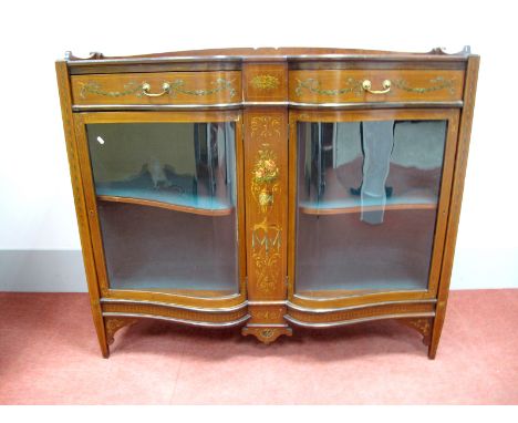 An Early XX Century Mahogany Serpentine Shaped Display Cabinet, with three-quarter gallery, two small drawers painted with fl