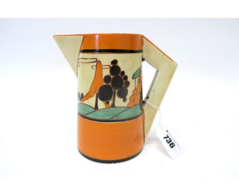 A Wilkinson Ltd. Clarice Cliff Fantasque Pottery Jug, of conical form, painted in the 'Orange Trees and House' pattern with o