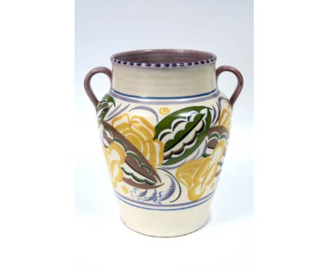 A Carter, Stabler and Adams Poole Pottery Red Earthenware Large Two Handled Vase, of tapered baluster form, painted with styl