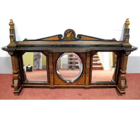 A Late XIX Century Ebonised Rosewood and Satinwood Inlaid Sideboard Back, in the style of Bruce J. Talbert, with three mirror