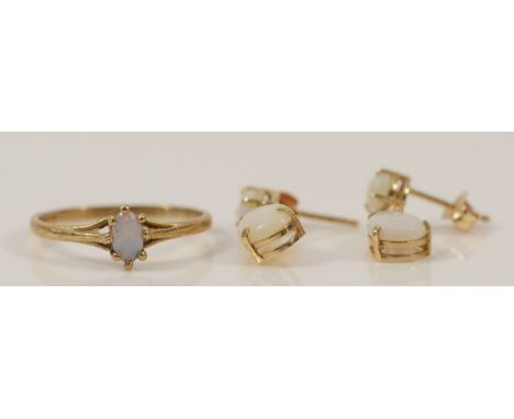 A pair of 9ct gold opal drop earrings with scroll backs, together with a 9ct gold opal solitaire ring, K 1/2, 1.9g
