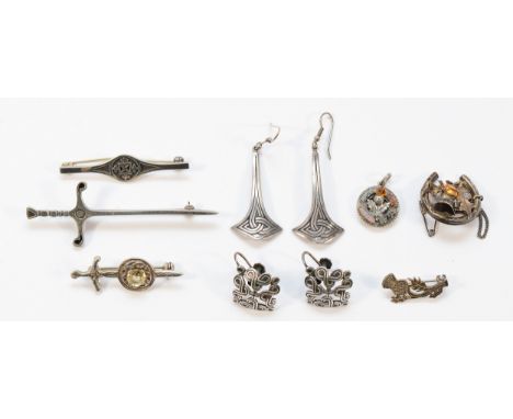 Three Scottish silver brooches, largest 75mm, three sterling silver and gemset brooches, two pairs of silver Celtic design ea