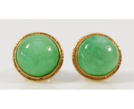 A pair of 14K gold jade earrings with scroll backs, 2.2g
