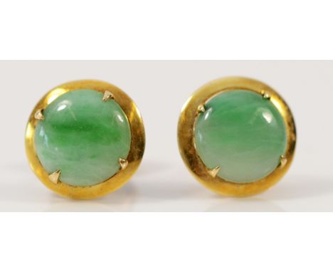 A pair of 14K gold jade earrings with scroll backs, 1.5g