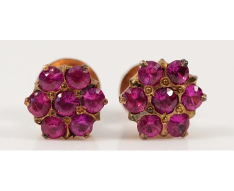 A pair of 9ct gold ruby floral cluster earrings with screw on backs, 1.5g