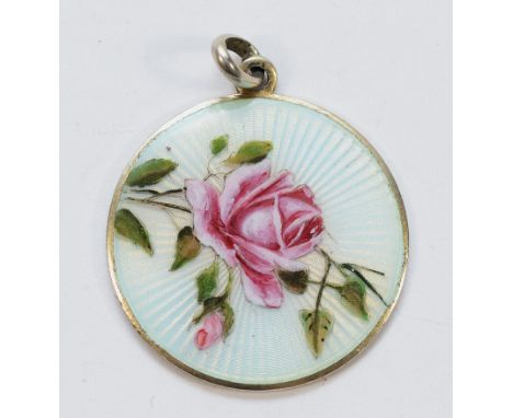 A silver mounted enamel rose pendant, 24mm, 4.7g