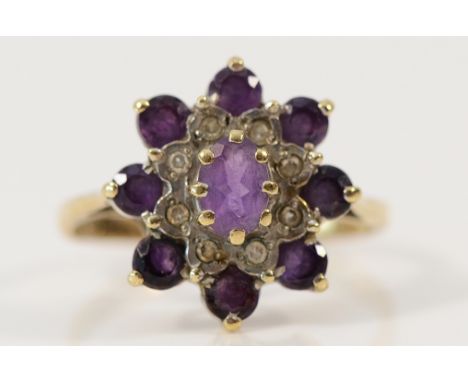 A 9ct gold amethyst and diamond floral cluster ring, N, 2.7g