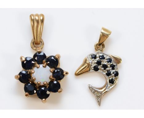 A 9ct gold opal and sapphire floral pendant, together with a 9ct gold sapphire dolphin pendant, 2.6g