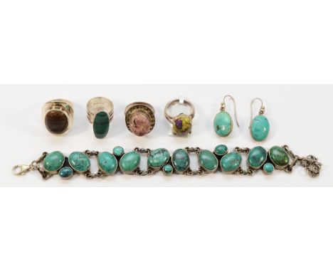 Four 925 silver gemset rings, K -P, a pair of 925 silver hook earrings, and an unmarked silver turquoise bracelet, 19.5cm, 82