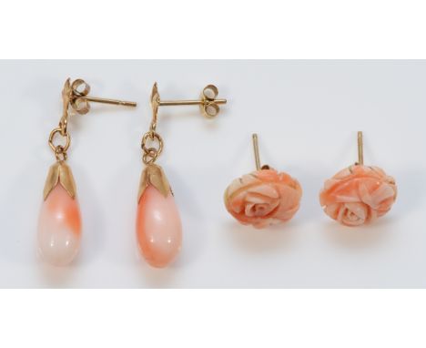 Two pairs of 9ct gold coral earrings with scroll backs, 2.8g