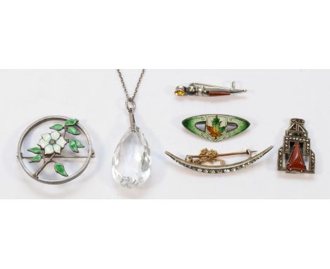 A silver and enamel maple leaf brooch, 35mm, a sterling silver and enamel floral brooch, 35mm, a sterling silver and gemset b