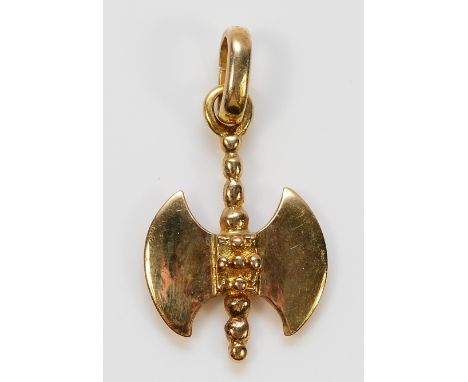 A 9ct gold charm in the form of an axe, 18mm, 1.2g